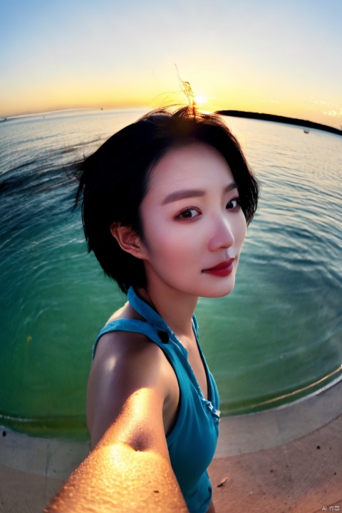  a Asian woman takes a fisheye selfie on a beach at sunset, the wind blowing through her messy hair. The sea stretches out behind her, creating a stunning aesthetic and atmosphere with a rating of 1.2, ((poakl)), poakl ggll girl