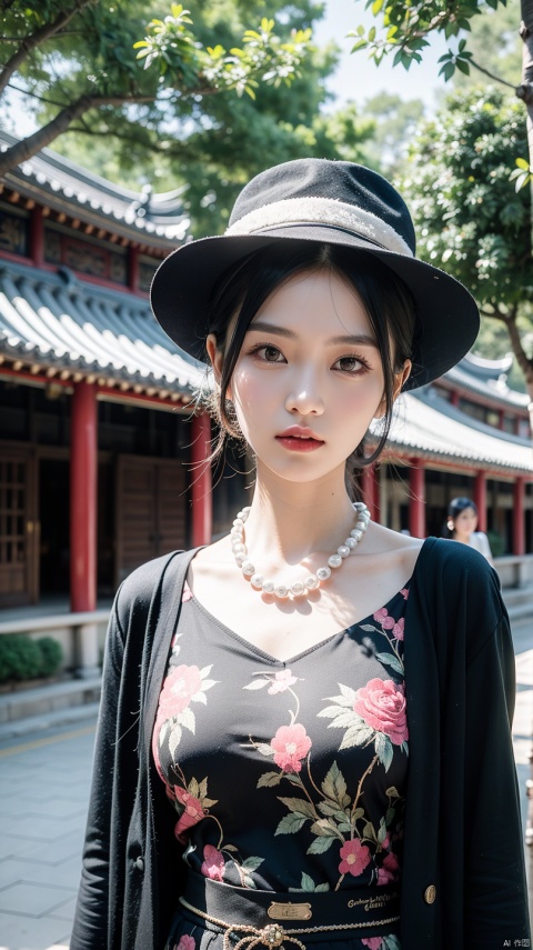  A woman wearing a hat and a beaded necklace stands in front of a building with a tree as the background, Ding Guanpeng, Fuquan, Portrait, Cloisonne