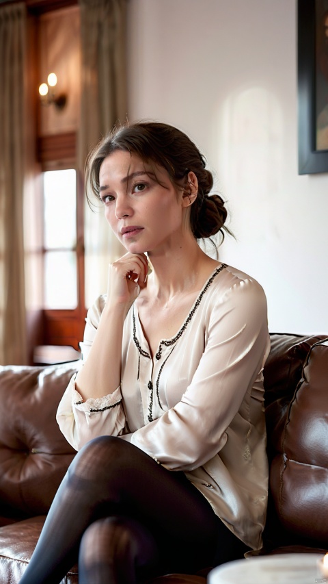  A photorealistic image of a young woman with a contemplative expression, seated centrally on a mocha-colored couch. The room is tastefully decorated, exuding a modern and sophisticated ambiance. She is wearing a loose white blouse and black tights, her pose is casual yet poised. The soft ambient lighting accentuates the textures of the fabric and the woman's delicate features. The room has a serene and somewhat somber mood, with attention to the fine details of the woman's attire, the couch's fabric, and the subtle reflections on the surfaces, all contributing to a rich, realistic scene. The overall composition is intimate, with a shallow depth of field focusing on the woman, best quality, ultra highres, original, extremely detailed, perfect lighting.