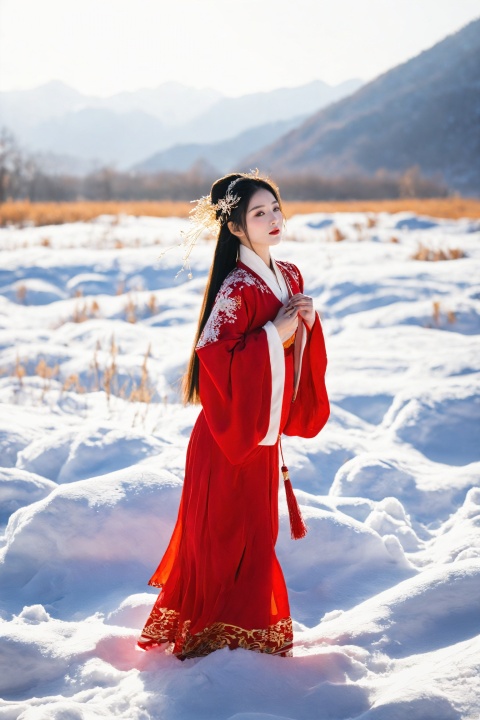  In a field of pristine snow, a girl stands out in a vibrant red Hanfu upper shan, her figure prominently contrasting with the surrounding snowy landscape. The red of the Hanfu stands in stark contrast to the pure white of the snow, as if a warm touch in the winter. The girl's long hair flows gently over her shoulders, and the tassels of her headpiece sway with her movements. Her face is delicate, and her eyes show a deep affection for the snowy scene. Sunlight filters through the clouds, casting a golden glow on her silhouette, filling the entire scene with warmth and tranquility., mugglelight