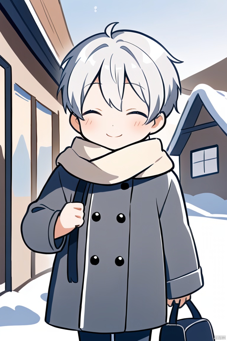  Solo, Blush, a little boy, smile, body, eyes closed, white hair, male focus, outdoor, bag, scarf, gray coat,child,Boy,气质男孩,围巾小孩,山水如画,雪景, Illustration