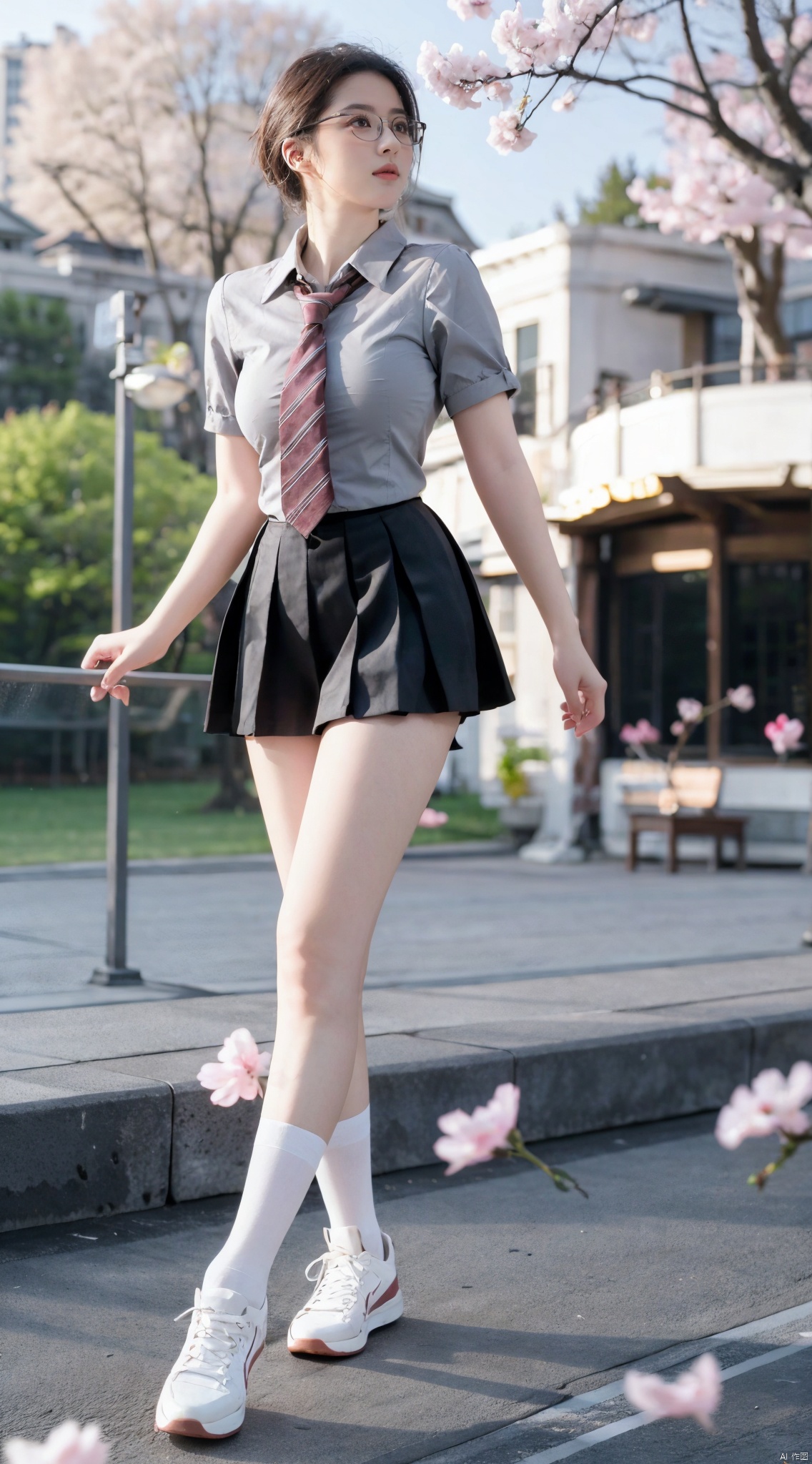  Best Quality, masterpiece, 16K, JK, uniform, 1 girl, glasses, blonde short hair, school uniform, pink skirt, sneakers, body, outdoor, petals falling, cherry blossom background, sports blurred background