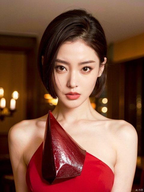  1girl, short hair, brown hair, solo, dress, brown eyes, looking at viewer, holding, red dress, parted lips, bare shoulders, indoors, lips, upper body, sleeveless, zhangaitian