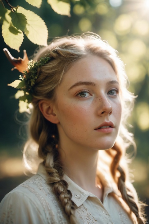  Vintage portrait, photography style, soft focus, pure face,Deer, girl, antlers, vine with leaves, Blonde hair, European and American advanced face, freckles, Detailed light and shadow, Wind, (Strong Sunshine),Two plaits, The forest,Front light source,
