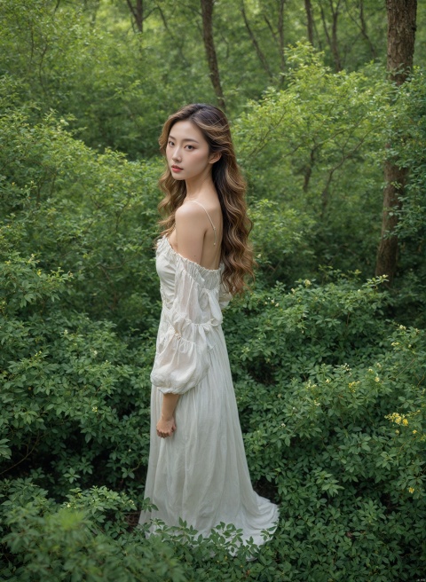  4k, photo, realistic, best quality,highres, ultra-detailed,ultra high res,((photorealistic, 8K)),from above, 

Best Picture Quality: A breathtaking photograph of a young Chinese woman standing in a lush green forest, surrounded by vibrant flowers and tall trees. She is wearing a simple white dress that flows gently in the breeze, and her long, wavy blonde hair frames her face in soft curls. The lighting is natural and warm, creating a sense of peace and tranquility. This photo is of the highest quality, with exceptional detail and color accuracy.