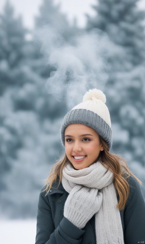  1girl, snowy winter wonderland, frosty trees and ground covered in snow, steam rising from her breath as she exhales, woolen coat and scarf to protect from the cold weather. Snow boots on her feet. Cute hat on her head. Joyful expression on her face as she builds a snowman. Photo of a cute 24 years old winter sports enthusiast girl. Cinematic shot with soft focus on her face. Warm colors in the background. Cute face looking at viewer., Jessica Alba