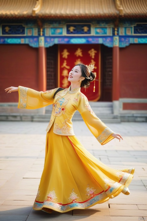  (fullbody shot:1.4), A chinese beautiful woman, dancing, exciting and Celebrating, palace, outdoors, day, (best quality, masterpiece), professional, highly detailed, 8k hd