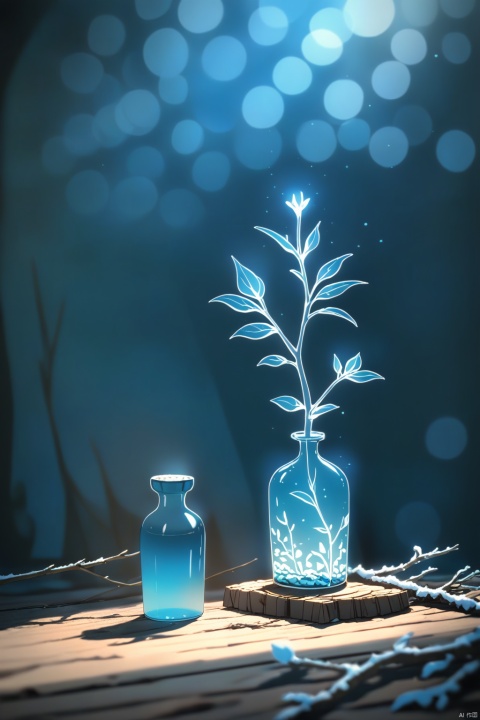  xihuwen, cold color style, blue bottle, front product, bottle placed on wood, wood, flowers, left light, commercial photography, 8K, blue theme, simple branch light and shadow background on the left side, shenhua