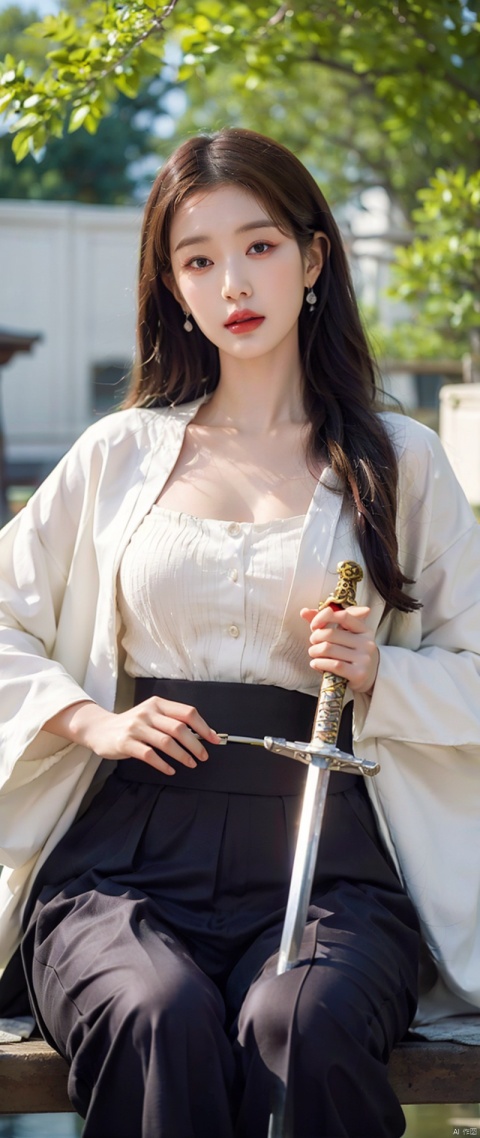  painting of a woman in a kimono sitting on a lake holding a sword, she is holding a katana sword, female samurai, palace , a girl in hanfu, artwork in the style of guweiz, japanese goddess, beautiful character painting, by Yang J, inspired by Chen Yifei, inspired by Ai Xuan, beautiful digital artwork