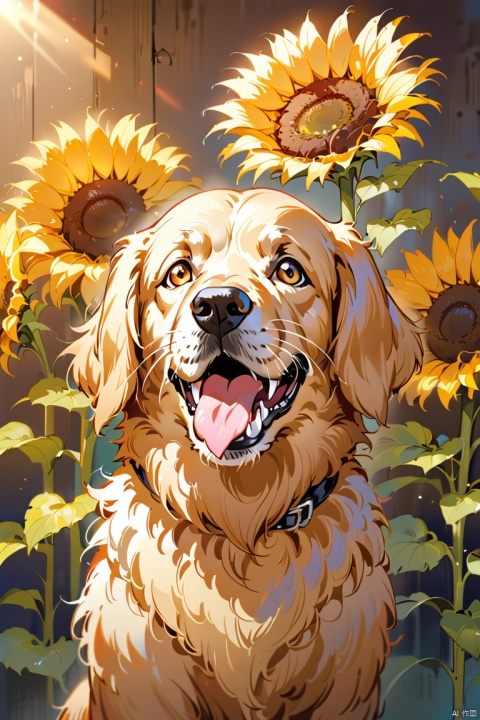  AP, no humans, flower, realistic, animal focus, animal, dog, blurry, sunflower, whiskers, fangs, blurry background, mouth hold, Golden Retriever,
