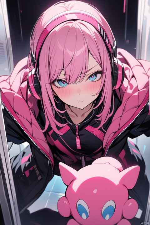  An animated character with vibrant pink hair and blue eyes, adorned in a modern-style jacket, showcases a determined expression. She wears pink headphones and has a small pink creature attached to her jacket, reflecting her playful and adventurous nature, (masterpiece,best quality:1.2)
