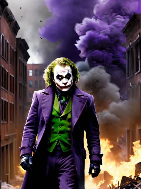  1boy,Detective Comics,(Jocker:1.2) is in front of hospital,walking on the street of the city,(((close_up shot))),around him are broken buildings,ruins in fire,smoke,purple coat,looking at viewer,Heath Ledger,dark theme,film sense,film light,best quality, masterpiece,(photorealistic:1),ultra high res,highres, illustration. media, delicate,8k wallpaper,soft light,official art,(realistic:1.2),