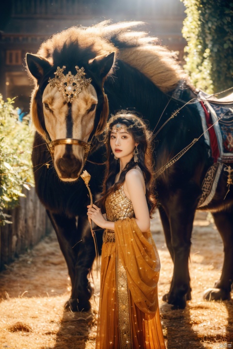  (Masterpiece, High Quality), (1 Girl), White Long Hair, (Dark Gold Dress), Girl and 1 Flame Lion Face to Face. A sparkling lion, a sparkling starry sky. The girl's gaze is firm, while the lion's gaze is wild and loyal. The entire scene is full of mystery and adventure. Flame lion, stars, courage, determination, mythological creatures, fantasy, adventure, courage, loyalty, grandeur, magic, mystery, beauty, flowers. (Complex details, high resolution), clear focus, dramatic lighting, realistic art.

