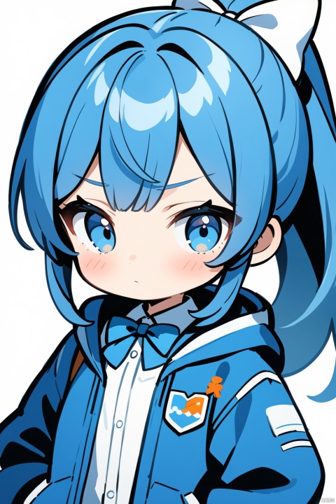  1girl, solo, long hair, looking at viewer, blush, bangs, blue eyes, simple background, shirt, long sleeves, white background, bow, closed mouth, blue hair, jacket, white shirt, ponytail, hair bow, open clothes, collared shirt, hood, bowtie, blue bow, hood down, white bow, blue jacket, hooded jacket, hands in pockets, blue bowtie, tr mini style, 3DIP