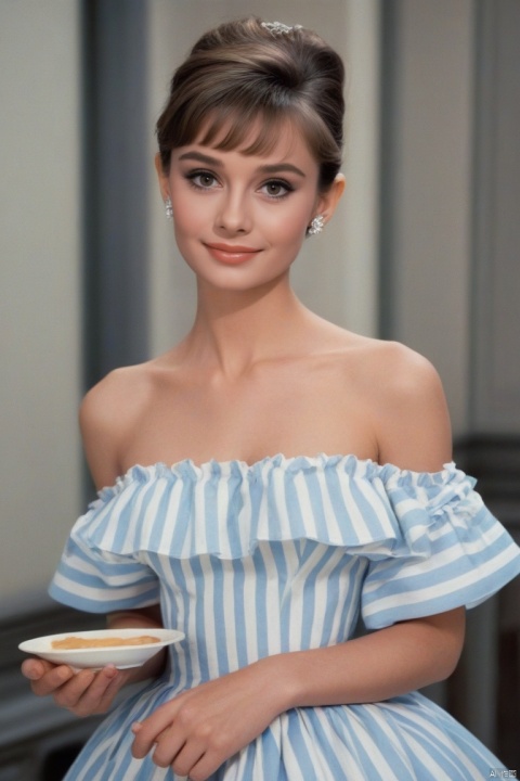  (masterpiece, best quality, hyper realistic, raw photo, ultra detailed, extremely detailed, intricately detailed), (photorealistic:1.4), (photography of Audrey Hepburn wearing a fashionable Striped off-the-shoulder ruffle hem dress, designed by Hubert de Givenchy, ), (smile), fairy, pure, innocent, beauty, (slender), super model, adr, Breakfast at Tiffany's, Sabrina, (glide_fashion), depthoffield,(fullshot),filmgrain,zeisslens,symmetrical,8kresolution,octanerender(OC渲染),extremelyhigh-resolutiondetails,finetexture,dynamicangle,fashion(时尚), fashion,,