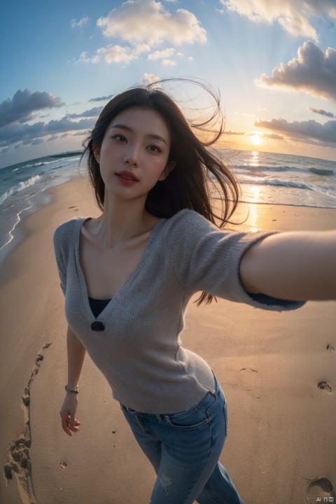  a Asian woman takes a fisheye selfie on a beach at sunset, the wind blowing through her messy hair. The sea stretches out behind her, creating a stunning aesthetic and atmosphere with a rating of 1.2, ((poakl)), poakl ggll girl