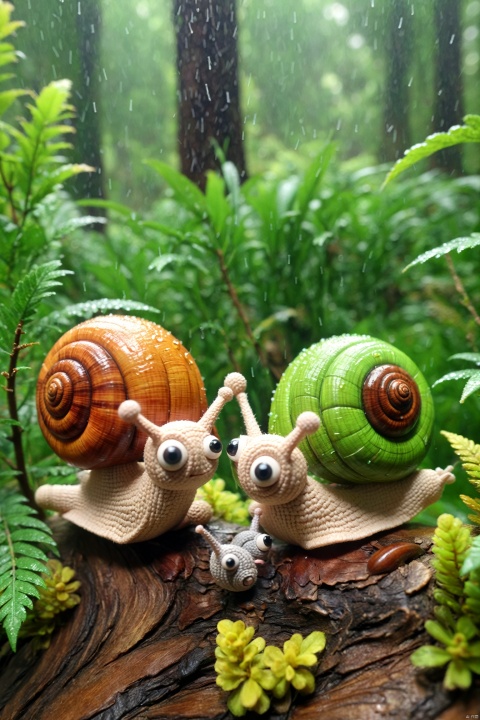  ((masterpiece)), ((best quality)), 3D animation style, two cute snails sitting on the tree branch looking at the rainforrest raining (Two snails sitting side-by-side:1.3)
, 3d stely, paopaoma, Sewing doll, tr mini style