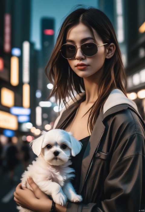  Best Quality, Masterpiece, Ultra High Resolution, (Photorealism: 1.4), Original Photo,
A girl with a maltese puppy behind, cyberpunk, (aviator sunglasses), high-tech clothing, dynamic pose, looking at the viewer, from below, best shadows, complex, depth of field, long hair, messy hair, Tokyo city background, city at night,
SaltBaeMeme, salt, food