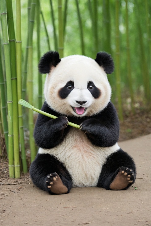 cute,no humans, bamboo, solo, pokemon \(creature\), panda, open mouth, blush, sitting, smile, outdoors, blurry, holding, tongue, brown eyes, day, cute,panda,