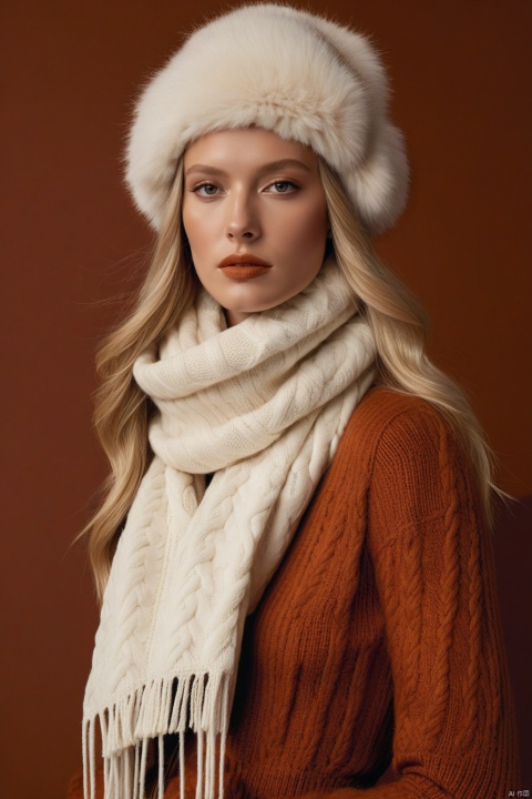  An opulent portrait by master photographer Hiroshi Sugimoto featuring 20 year old Belarusian actress Alena Blohm posed gracefully against a rich burnt orange studio backdrop, wearing an ivory cable knit Gucci Trapper hat with mink fur ear flaps and an oversized rust-colored alpaca wool fringe scarf from the 2023 Aspen collection. Captured using Hasselblad H6X with HC 2.8/100 mm lens at f/4 aperture under digitally diffused golden lighting. Alena looks subtly into the distance, gently grasping the scarf fringe while exposing her elegant neck and clavicle bone structure. Characteristic vivid yet natural color palette celebrates the luxurious textures and luminosity. Balanced composition creates a flattering fashion aesthetic.