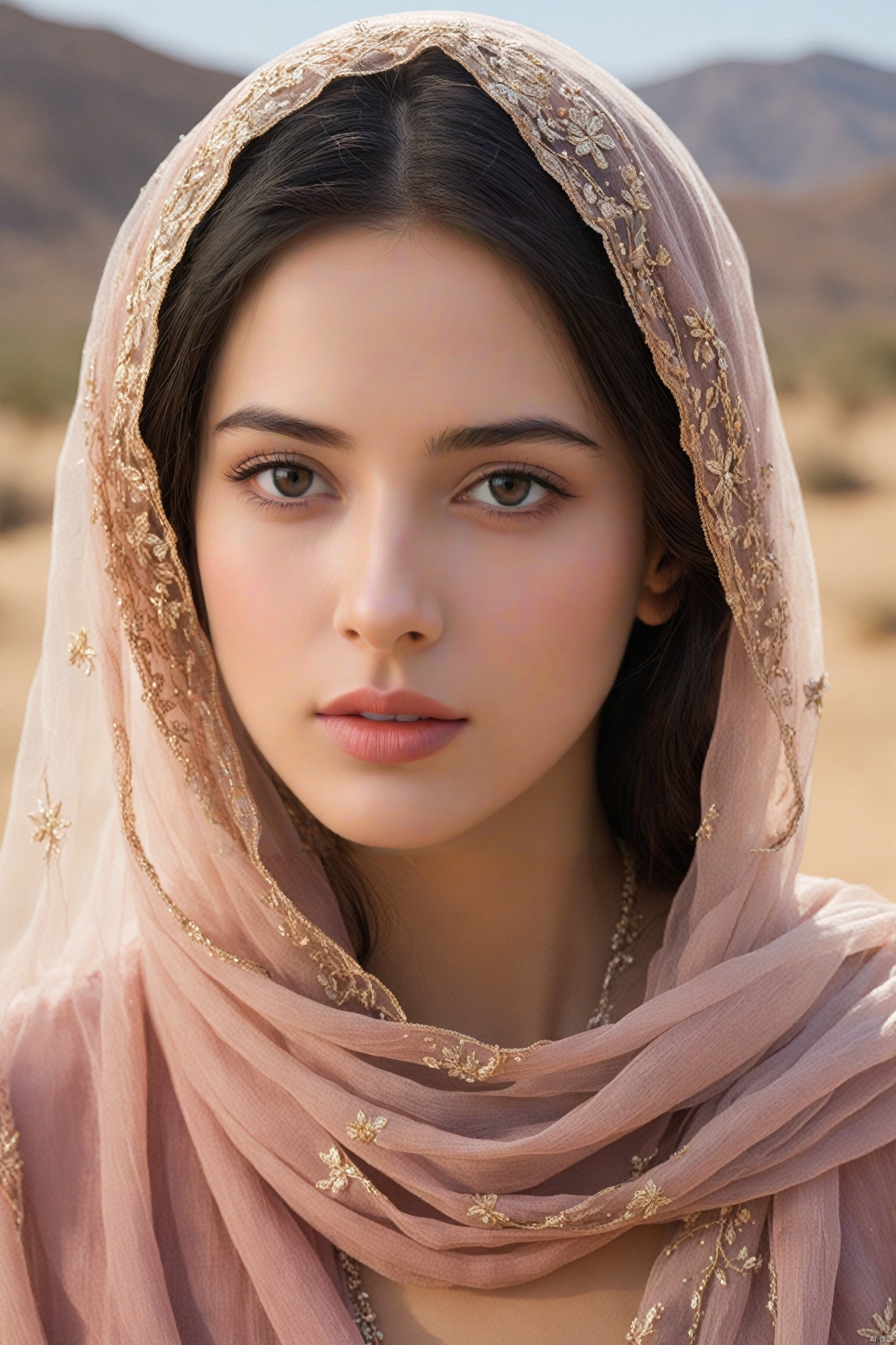 This image shows a close-up of an ethereal-looking young woman with long dark hair falling over her shoulders, blue eyes, her head adorned with a transparent scarf or veil, with the desert in the background, her The complexion was impeccable, with earthy tones on the lids and soft peach on the lips complementing the subtle makeup. She rests her face gently on her hands, exudes calm and poise, wears a burgundy embroidered gown, photo realistic, best quality, super high resolution, extremely detailed eyes and face, full body showing face audience,