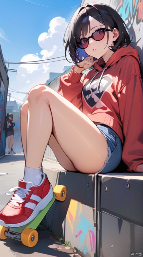 (masterpiece, best quality:1.2), Illustrative style,Hd, 8k, 1 girl, solo,short hair, sitting, 1 pair of sunglasses, hoodie, colored hoodie, denim shorts, sneakers, skateboard, Human focus, outdoor, blue sky, White clouds, graffiti wall, flat,  