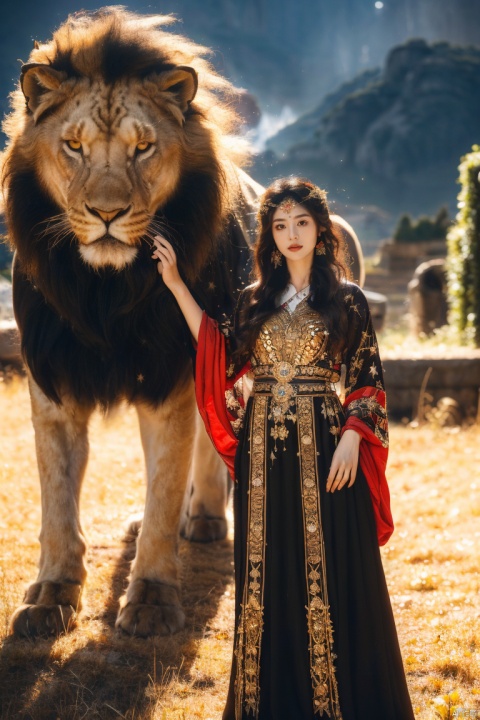  (Masterpiece, High Quality), (1 Girl), White Long Hair, (Dark Gold Dress), Girl and 1 Flame Lion Face to Face. A sparkling lion, a sparkling starry sky. The girl's gaze is firm, while the lion's gaze is wild and loyal. The entire scene is full of mystery and adventure. Flame lion, stars, courage, determination, mythological creatures, fantasy, adventure, courage, loyalty, grandeur, magic, mystery, beauty, flowers. (Complex details, high resolution), clear focus, dramatic lighting, realistic art.

