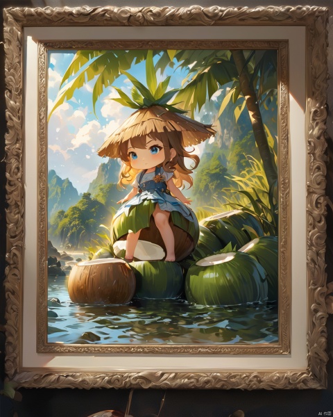  guoguo,chibi,A cute girl wearing a coconut hat and a skirt made of seaweed,with blue wavy hair,beside a split coconut,high-definition photo,high-quality picture,intricate,detailed,sharp focus,dramatic,photorealistic painting art by midjourney and greg rutkowski.,,