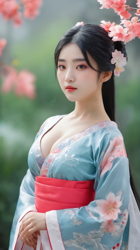  arien_hanfu,1girl, solo, flower, long hair, black hair, hair ornament, (big breasts:1.39),hair flower, blue eyes, floral print, chinese clothes, looking at viewer, detached sleeves, full body, white flower, parted lips, dress, pink flower, china dress, bare shoulders, blush, red flower, eyelashes, white dress, lips, sleeveless, parted bangs, grey background, gongzhuqie, neon_dress,huansha, glowing,lens flare,big leaf,plant, wind, chang,(big breasts:1.5),