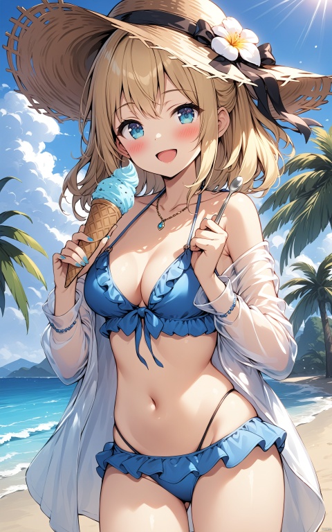  (masterpiece), (best quality), illustration, ultra detailed, hdr, Depth of field, (colorful), loli, artist Hiten, 1girl, outdoors, hat, bikini, swimsuit, solo, ice cream, food, breasts, blue bikini, day, holding, looking at viewer, open mouth, navel, white shirt, shirt, smile, beach, nail polish, open clothes, off shoulder, collarbone, medium breasts, bangs, ocean, open shirt, water, cleavage, :d, straw hat, flower, spoon, stomach, blue sky, sky, palm tree, halterneck, blurry, standing, bare shoulders, hair ornament, white flower, cloud, frills, sunlight, holding spoon, holding food, blue nails, cowboy shot, tree, hat flower, sun hat, ice cream cone, ribbon, blue eyes, blush, blurry background, frilled bikini, sidelocks, brown headwear, depth of field, front-tie bikini top, long sleeves, long hair, medium hair, brown hair, see-through, hands up, front-tie top, jewelry, hair ribbon, black ribbon, aqua nails, necklace, aqua eyes, string bikini, blonde hair, hat ribbon, swimsuit cover-up, Illustration