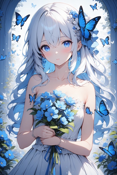  masterpiece,best quality,high quality,(colorful),flower, 1girl, solo, hair ornament, holding, blue flower, bug, hair flower, blue eyes, butterfly, long hair, looking at viewer, dress, hair between eyes, bare shoulders, blue butterfly, upper body, collarbone, white dress, closed mouth, white hair, holding flower, blue theme, strapless, ribbon, tr mini style, Sewing doll, 3DIP,8k,IP