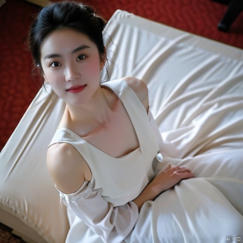  1girl,from above,,room,white dress,portrait,, masterpiece,best quality,ultra-detailed,