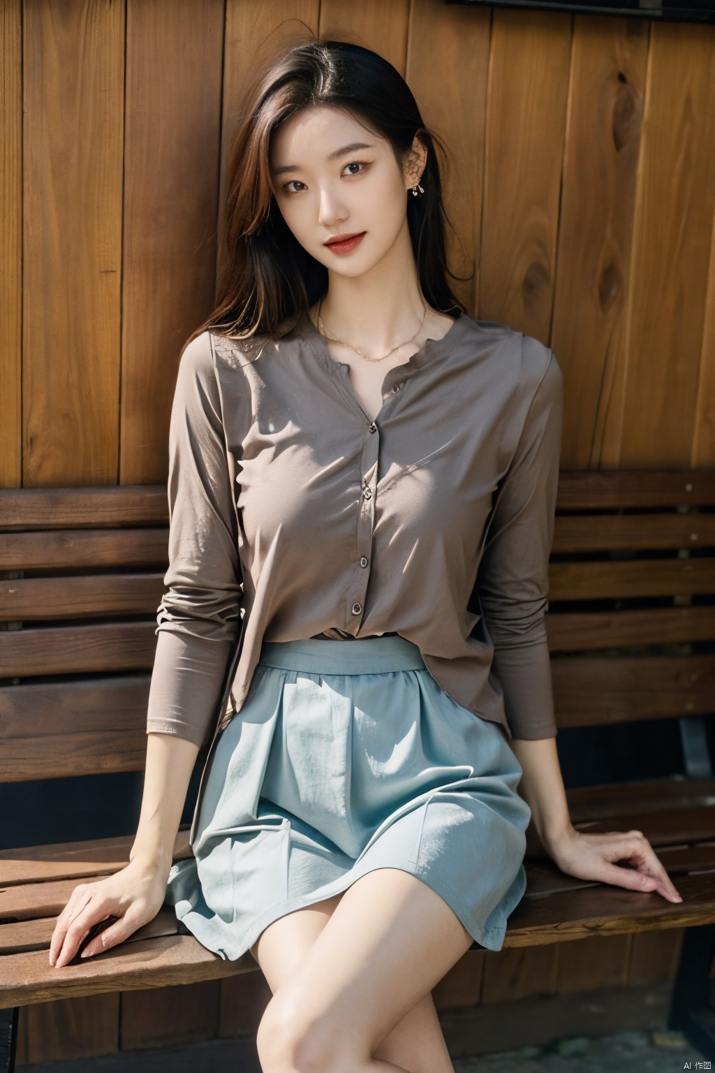  The image is a well-lit and colorful photograph featuring a young woman sitting on a wooden bench. The woman has long, dark hair and is wearing a grey shirt with a blue tie, paired with a blue skirt. She is holding a cup in her hand, possibly containing a beverage like iced coffee. The woman's outfit is stylish and appropriate for the setting, with the grey shirt and blue skirt creating a harmonious color palette. The wooden bench she is sitting on adds a warm and rustic touch to the scene. The quality of the image is excellent, with no visible noise or graininess. The woman's facial features are well-defined, and her expression suggests a sense of relaxation and contentment. Overall, this photograph is a beautiful and engaging portrait that effectively captures the subject's essence and atmosphere., Light master