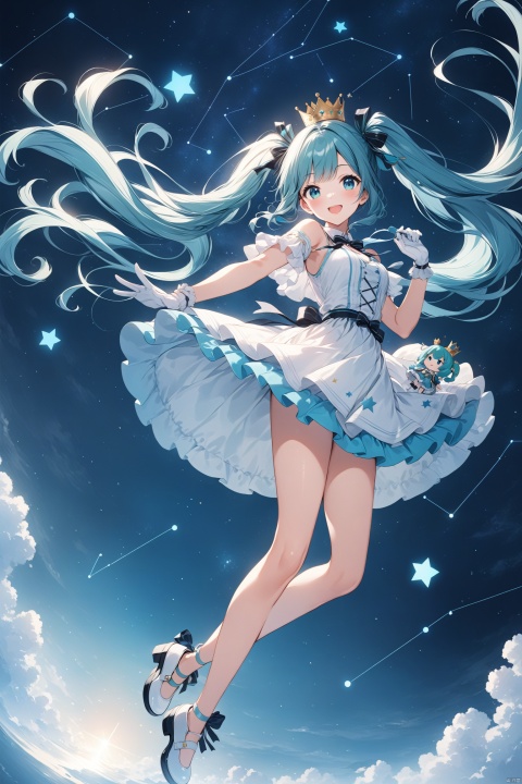  (masterpiece), (best quality), illustration, ultra detailed, hdr, Depth of field, (colorful),[wakaba],[miwano rag],[haneru], atdan, 1girl, hatsune_miku, long_hair, solo, dress, twintails, very_long_hair, open_mouth, white_dress, clock, smile, breasts, roman_numeral, gloves, looking_at_viewer, blue_eyes, blue_hair, white_gloves, white_footwear, floating_hair, sky, full_body, star_(sky), constellation, star_(symbol), bare_legs, ribbon, crown, bangs, tr mini style, Sewing doll