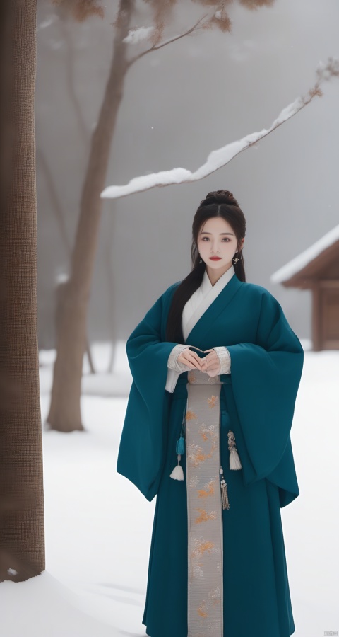  A winter fashion influencer donning a hanfu-inspired ensemble, blending traditional elements with modern trends. She poses against snowy backdrops, exuding effortless style and elegance.