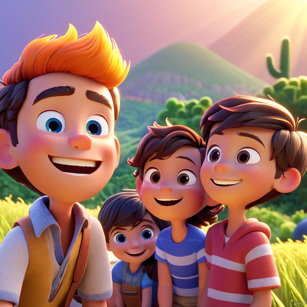  boys and girls, smiling happily, bright colors, rich details, vistas, overlooking camera, Animated Lighting, Ray Tracing, Depth of Field, Cartoon Style, Clay material, 3D Art, Pixar, C4D, blender, behance, OC renderer, high detail, 16K