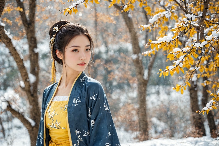  hanfu dress,a beautiful girl is standing,The Han costume of the Song Dynasty, the whole body,Flower basket,beautiful face,be affectionate,long eyelashes,high nose,Song Dynasty Hanfu, Winter, snowy days, snowfall, snow on tree tops, snow on the ground,gentle depth of field and soft bokeh,Capture the image as if it were taken on an 35mm film for added charm, looking at viewer,35mm photograph,The main color tone of the screen is yellow, with a film style (aperture1.4, ISO-100, focal length35mm), Full body, denim lens,film, bokeh, professional, 4k, highly detailed, MAJICMIX STYLE