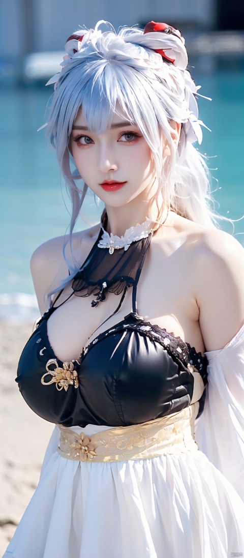  (((1 girl))), (medium breasts:), ((upper body:0.7)), half body photo, female solo, depth of field, blue earrings, blue jewelry, off-shoulder white shirt, black tight skirt, (at beach), blonde hair, photorealistic:1.3, realistic), highly detailed CG unified 8K wallpapers, (((straight from front))), (HQ skin, shiny skin), 8k uhd, dslr, soft lighting, high quality, film grain, Fujifilm XT3, (professional lighting), nangongwan, red lips,