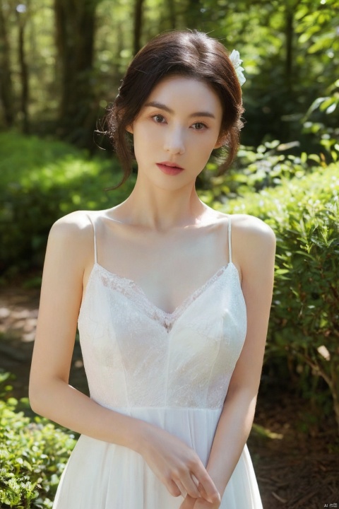 (realistic), (hyperrealism),best quality, masterpiece,ultra high res, (photorealistic:1.4),1girl,pale skin,skinny,(looking at viewer:2), ,forest, flowers, sunlight,
   , (tattered) wedding dress , bare shoulders, upper body,