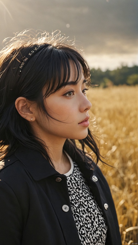  from side,1girl,solo,realistic,jacket,black hair,black headband,Unruly hair,Golden straw,cloud,lens_flare,Natural light,portrait,Grey Film filter,(KODAK Ektar 100:1.2), 1girl, light master