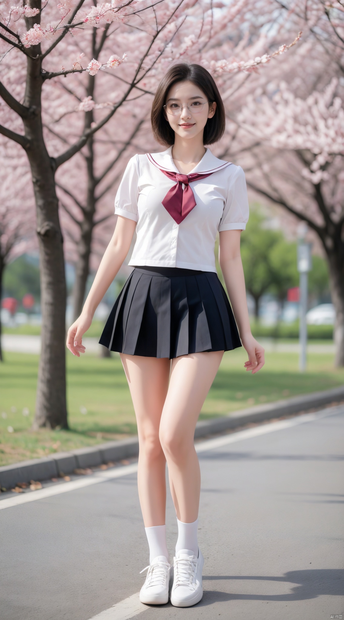  Best Quality, masterpiece, 16K, JK, uniform, 1 girl, glasses, blonde short hair, school uniform, pink skirt, sneakers, body, outdoor, petals falling, cherry blossom background, sports blurred background