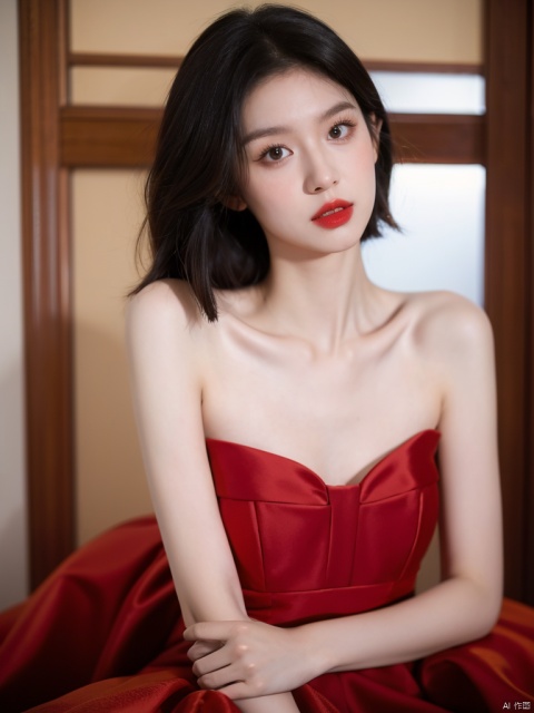  1girl, short hair, brown hair, solo, dress, brown eyes, looking at viewer, holding, red dress, parted lips, bare shoulders, indoors, lips, upper body, sleeveless