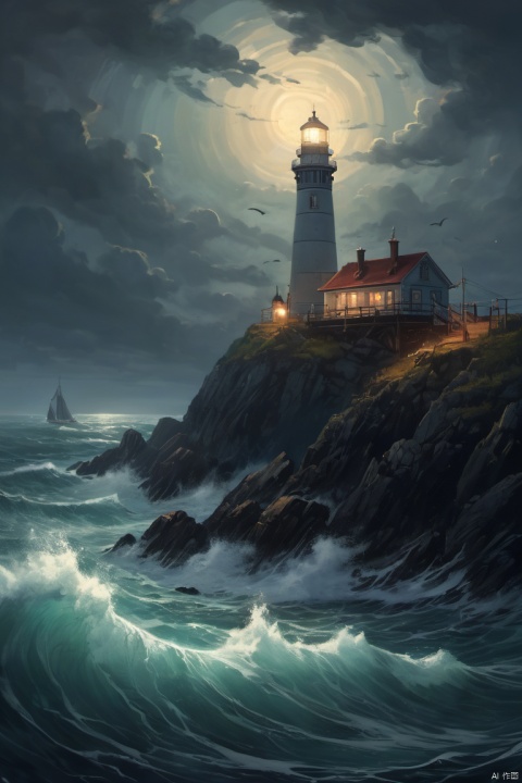  (Comic Style, exaggerate:1.4), lighthouse, bright light, dark sea, dark night, shimmering waves, swirling mist, distant horizon, solitary structure, guiding beacon, towering height, ocean depths, powerful illumination, steady glow, unwavering beam, sweeping motion, tranquil waters, enchanting sight, maritime safety, constant vigilance, maritime symbol, maritime navigation, majestic presence, remote location, eerie silence, haunting beauty, mysterious aura, hidden dangers, hidden rocks, untamed nature, unforgiving sea, distant shore, lost sailors, lone traveler, hypnotic rhythm, ghostly apparitions, timeless charm, stoic resilience, resolute strength, historical significance, maritime history, enduring legacy, capturing imaginations, inspiring tales, evocative atmosphere, lighthouse keeper, steadfast duty, undying devotion, (best quality, masterpiece, Representative work, official art, Professional, 8k, Ultra intricate detailed:1.3)