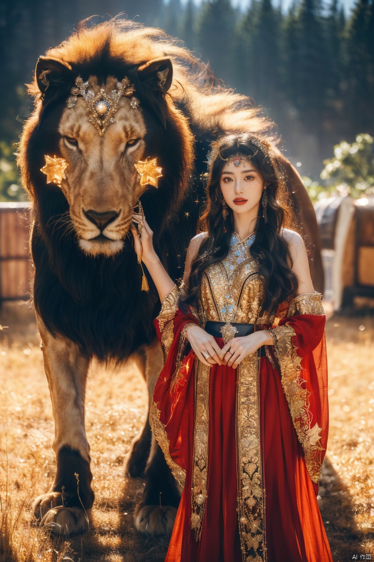  (Masterpiece, High Quality), (1 Girl), White Long Hair, (Dark Gold Dress), Girl and 1 Flame Lion Face to Face. A sparkling lion, a sparkling starry sky. The girl's gaze is firm, while the lion's gaze is wild and loyal. The entire scene is full of mystery and adventure. Flame lion, stars, courage, determination, mythological creatures, fantasy, adventure, courage, loyalty, grandeur, magic, mystery, beauty, flowers. (Complex details, high resolution), clear focus, dramatic lighting, realistic art.

