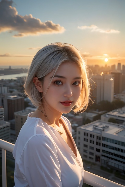 1 girl, moyou, white hair, science fiction clothes, parallel world, two worlds, Exquisite facial features, cloud, sunset, cityscape, 1girl, sky, city, ocean, horizon, cloudy_sky, building, scenery, skyscraper, sunrise, sun, twilight, evening, smile, solo, water, skyline, orange_sky, blue_eyes, bird, city_lights, gradient_sky, 