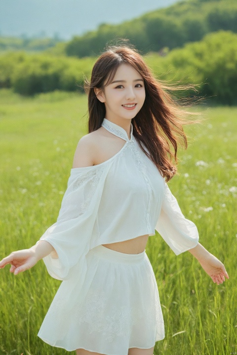  Best quality,HDR,ultra high definition,8K,vivid colors,solo,photo _,(1 girl:1.3),big chest,fair skin,happy smile,brown hair,long hair,wavy curls,air bangs (standing: 1.3) (looking at the audience:1.4),elegant,detailed and gorgeous face,(full body shot:1.2),morning,(grass background:1.2) black eyes,sunlight,mottled sunlight,edge light,sparkling,white clothes,Chinese clothes,short skirts,in spring,cirrus,sky,day,in a meadow,nature,huge filesize,1girl,teen, yaya