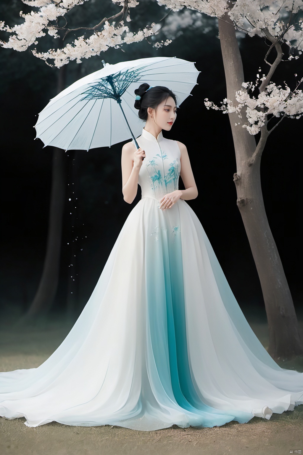  
/I Foreground a tree, Chinese beauty holding an umbrella, cyan and white color matching, ink painting minimalist style, large white space, tulle translucent material, soft gradient, perspective aesthetics