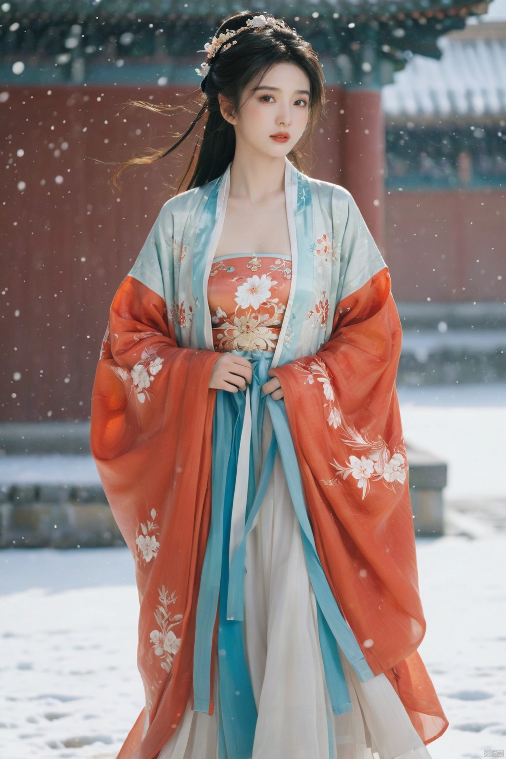  arien_hanfu,1girl,(Masterpiece:1.2), best quality, arien_hanfu,1girl, (falling_snow:1.3), looking_at_viewer,(big breasts:1.88), (plump breasts:1.7),(Tube top Hanfu:1.2),hand101,full body, 1girl
In this masterpiece artwork of the highest quality (Masterpiece version 1.2), an Arien woman dressed in a modernized hanfu style featuring a tube top design (Tube top Hanfu: 1.2) is depicted (arien_hanfu, 1girl). Against a backdrop of falling snowflakes (falling_snow: 1.3), she gazes directly at the viewer (looking_at_viewer), creating a distinct and profound sense of engagement.

The female figure in the painting possesses generously proportioned attributes, characterized by larger-than-average breasts (big breasts: 1.88) and plumpness (plump breasts: 1.7), which harmoniously complement her form-fitting upper garment in traditional Chinese attire.

The composition presents a full-body portrait (full body), with intricate attention given to the detail of the woman's hands identified as hand101, adding a layer of lifelike authenticity and artistic expression to the scene.

Overall, this work skillfully captures and portrays a voluptuous woman in a contemporary-styled hanfu within a snowy setting, successfully merging classical elements with modern fashion sensibilities, and offering high artistic appreciation value., yaya