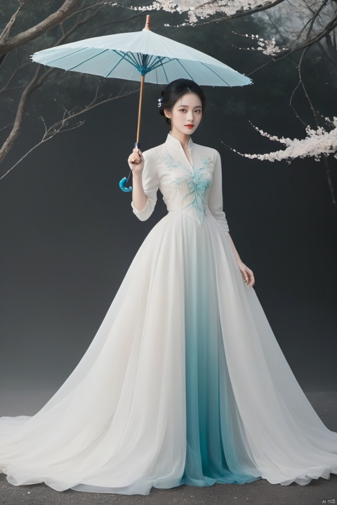  
/I Foreground a tree, Chinese beauty holding an umbrella, cyan and white color matching, ink painting minimalist style, large white space, tulle translucent material, soft gradient, perspective aesthetics