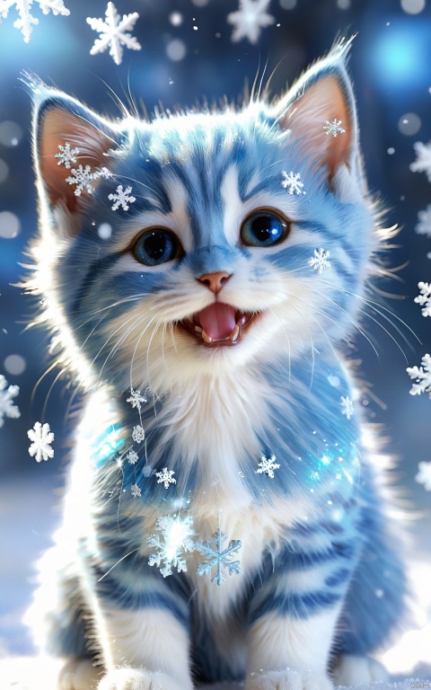 (best quality),(masterpiece),little fluffy blue kitten playing with little snowflakes,small detailed eyes with highlights,long eyelashes,fur,original style,cute,cute and charming,fantasy with glowing eyes,sparkling Sun,soft light,glitter,professional photo,beautiful,3d,realistic,8k,high resolution,cgi,hyperrealism,1/300's,highly detailed digital painting,bizarre,